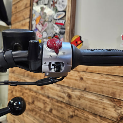 Close-up of a motorcycle handlebar with control knobs against a wooden wall.