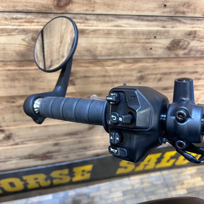 Close-up of motorcycle handlebar with controls and mirror against a wooden background