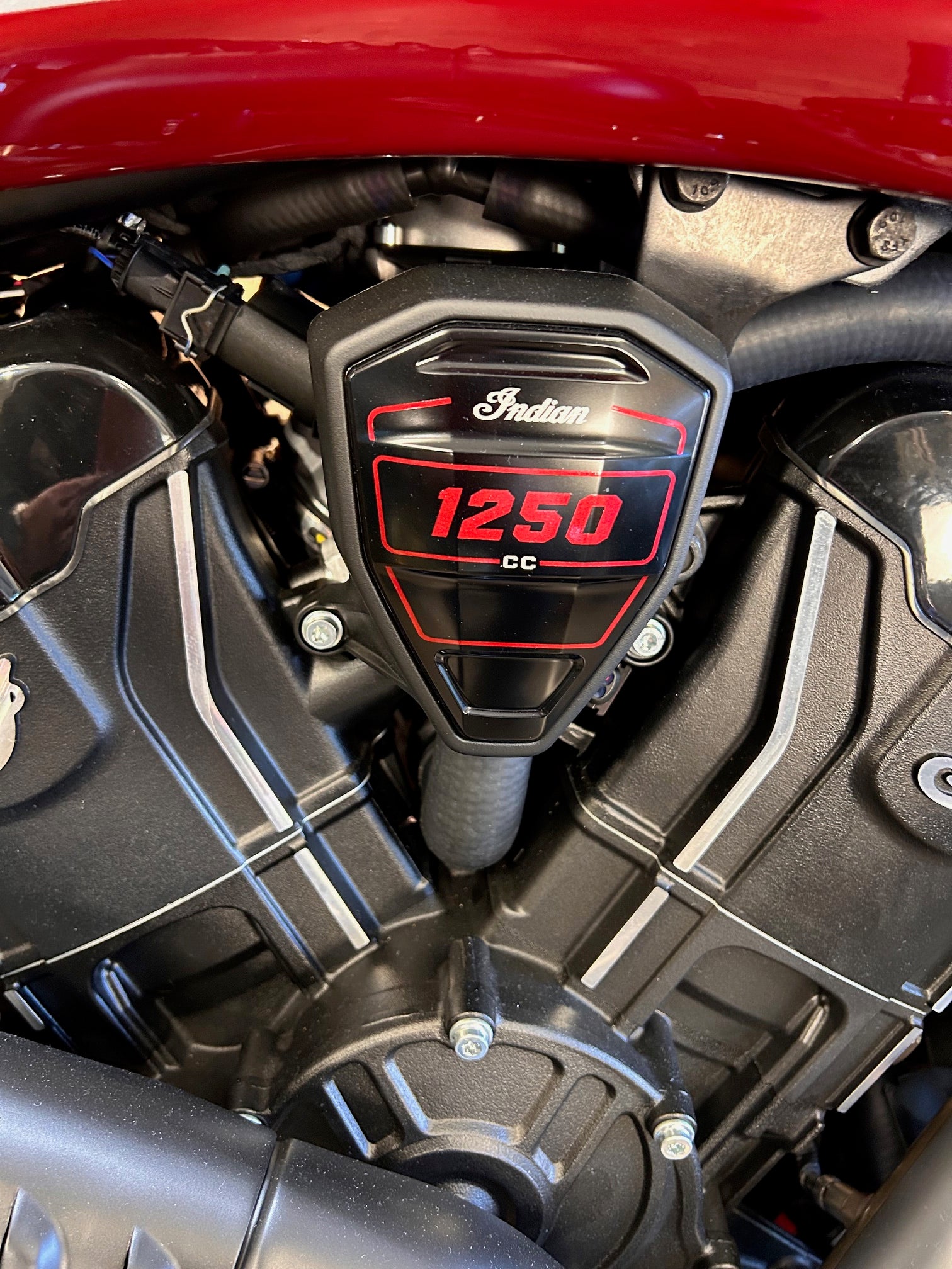 Motorcycle engine with a focus on the '1250' marking
