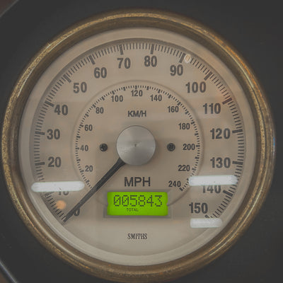 Vintage-style speedometer with digital display on a dark background