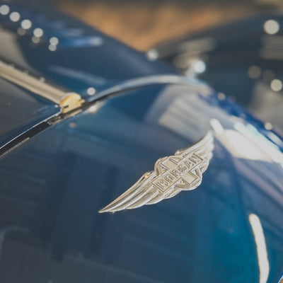 Close-up of a car emblem on a blue vehicle