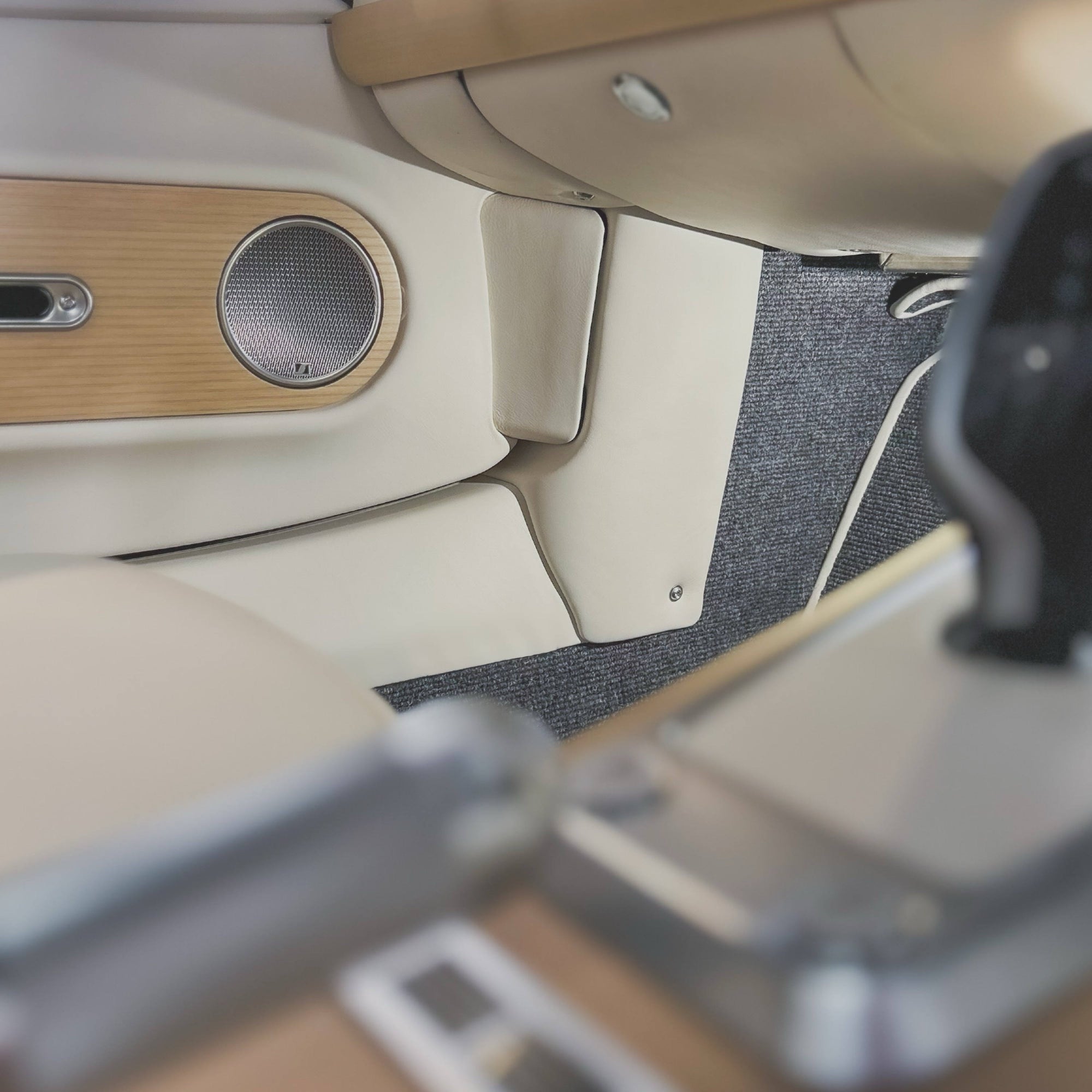 Close-up of a car interior with a speaker and door panel.