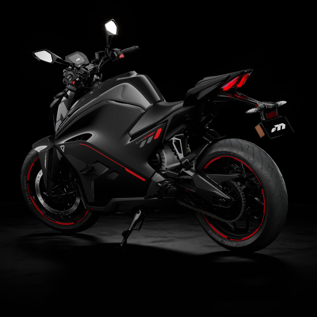 Black motorcycle with red accents on a dark background