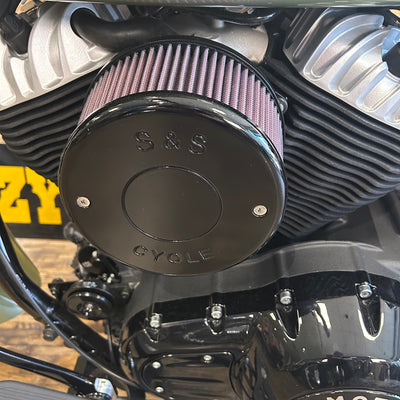 Close-up of a motorcycle engine with a S&S Cycle air filter.