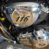 Close-up of a motorcycle engine with 'Thunder Stroke 116' and 'Indian Motorcycle' branding.