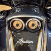 Close-up of a motorcycle with 'Indian Elite' branding on the dashboard.
