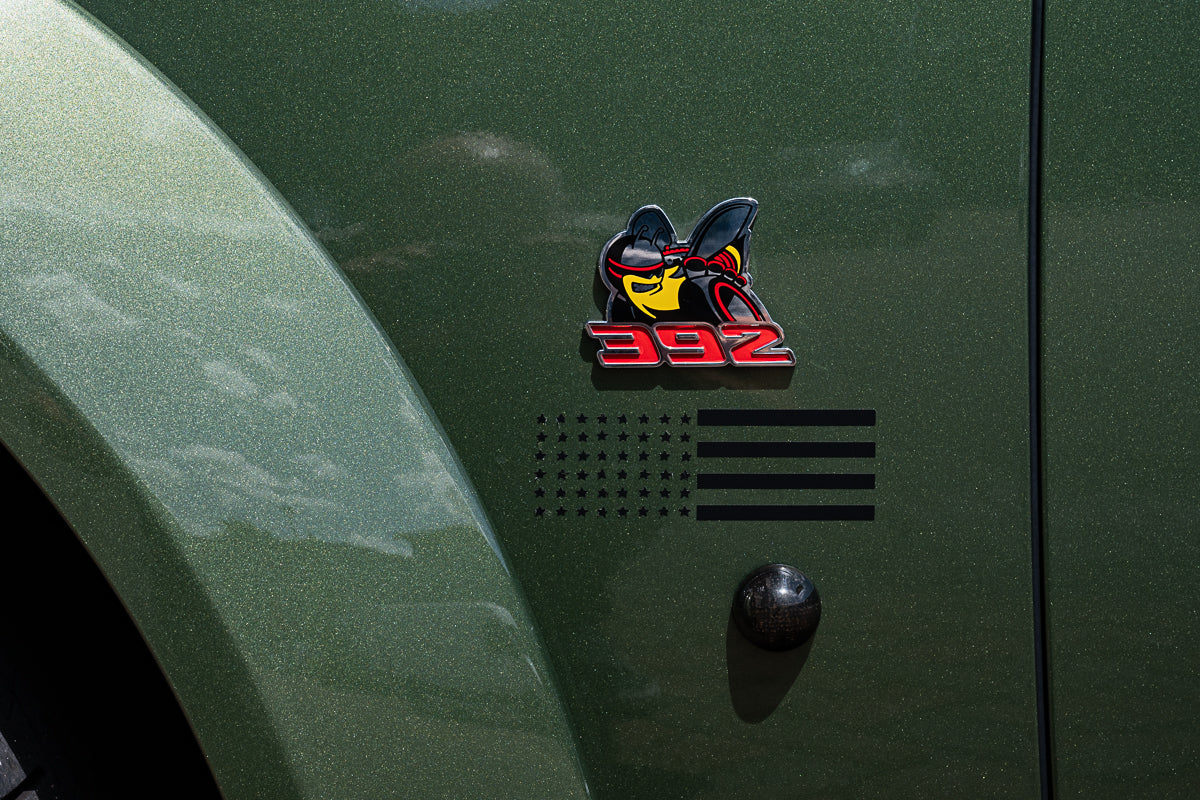 Car badge with a logo and '392' on a green car door