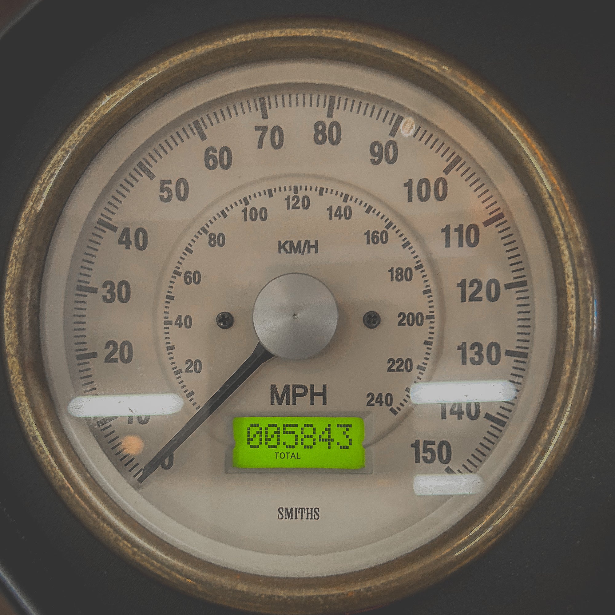 Vintage-style speedometer with digital display on a dark background