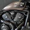 Close-up of an Indian Scout motorcycle engine with 'Indian' branding.